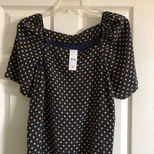 Ann Taylor navy/gold polka dot flowy short sleeve top